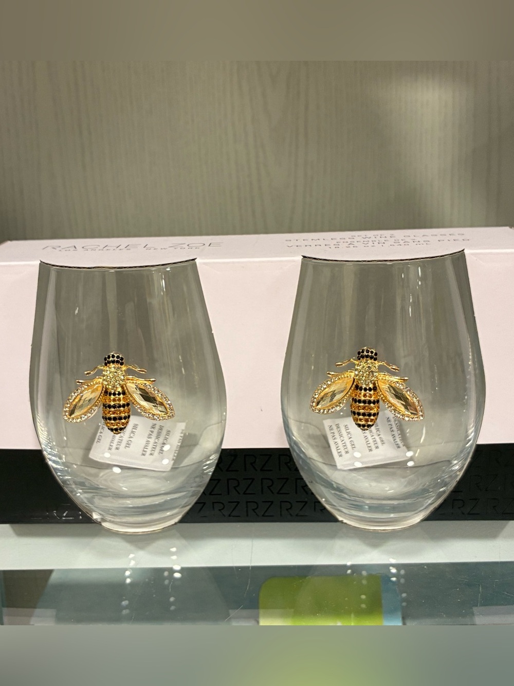 Rachel Zoe Stemless Wine Glasses Set of 2 Bee Embellished